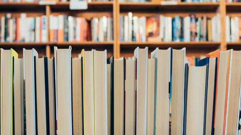 Upright books with pale page edges facing outwards on shelf
