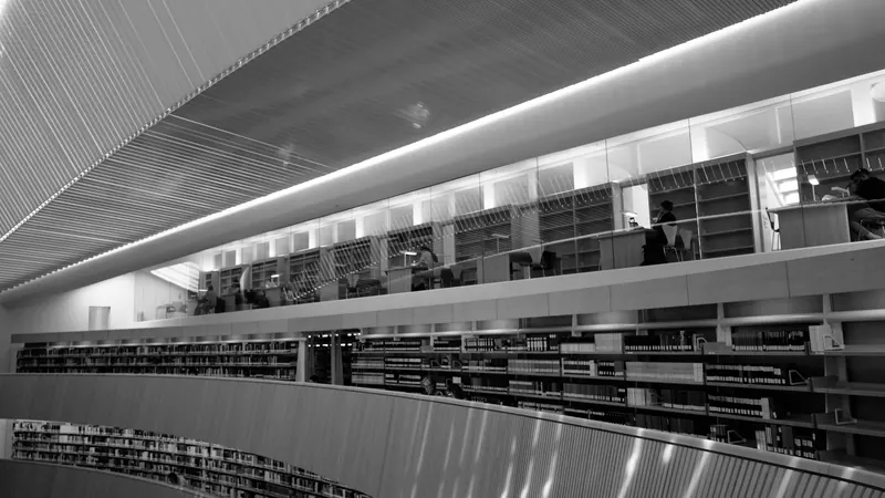 Modern library galleries beneath a sloping ceiling with broad windows