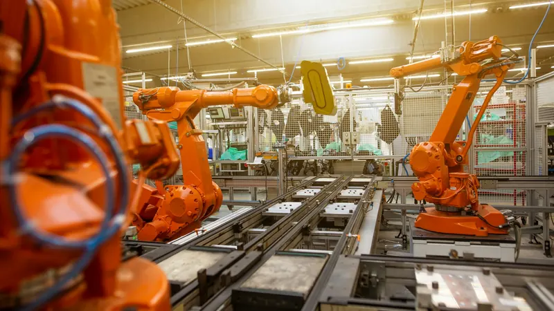 Orange industrial robotic arms arranged along a factory production line