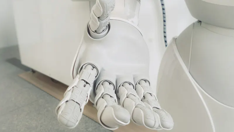 White articulated robotic hand held open beside a smooth body