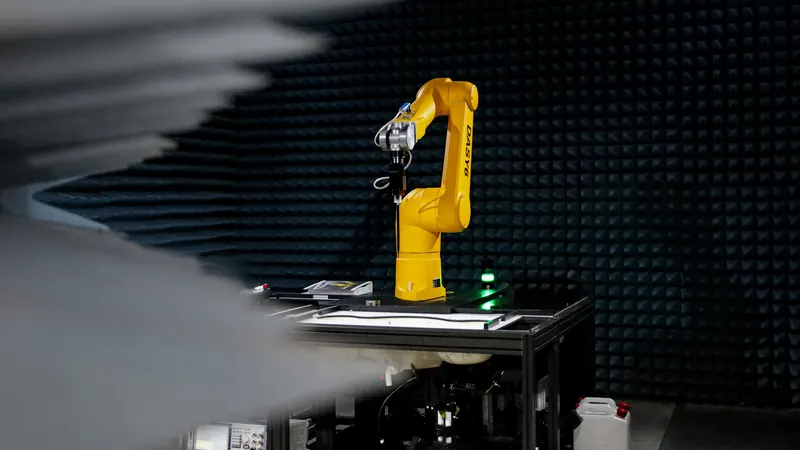 Yellow robotic arm standing inside a dark enclosed testing area