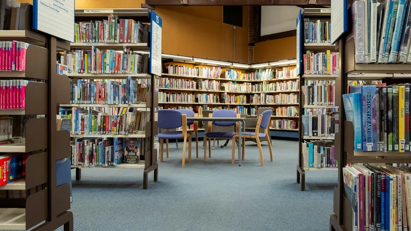 Library shelves surrounding a table and chairs on blue carpet