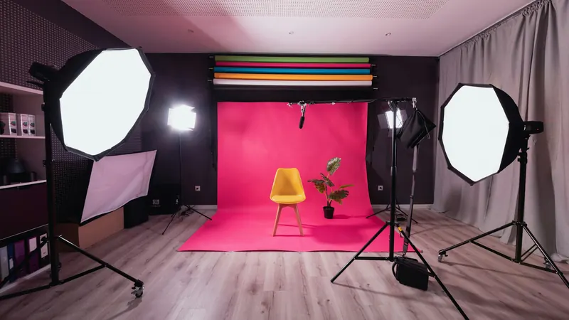 Photography studio with softbox lights and a pink backdrop behind chairs