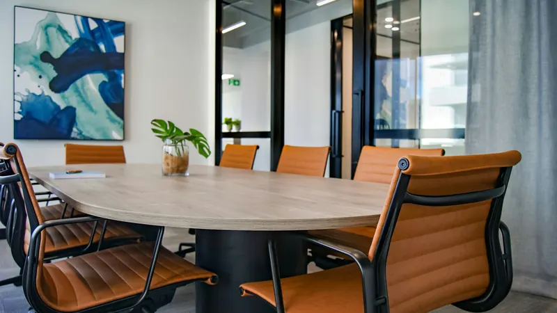 Wooden meeting table surrounded by brown chairs in a bright room