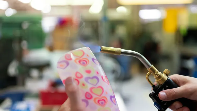 Hand holding a gas torch beside patterned material in a workshop