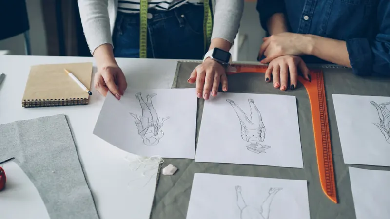 Hands arranging garment drawings beside fabric and measuring tools on table