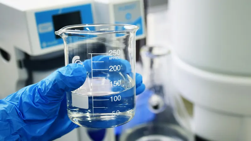 Blue gloved hand holding a glass beaker filled with clear liquid