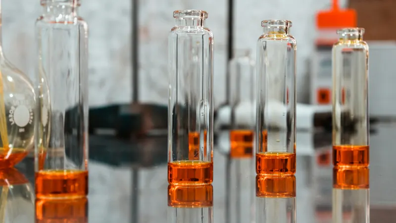 Glass laboratory vessels containing orange liquid arranged on a workbench