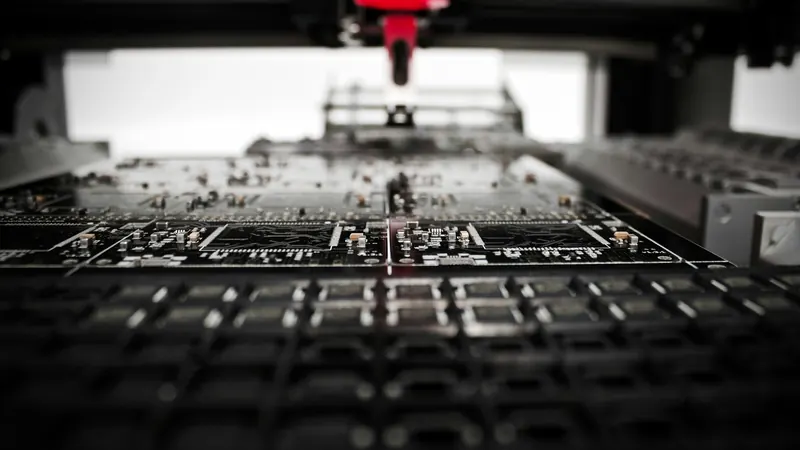 Electronic circuit boards beneath machinery inside a manufacturing work area