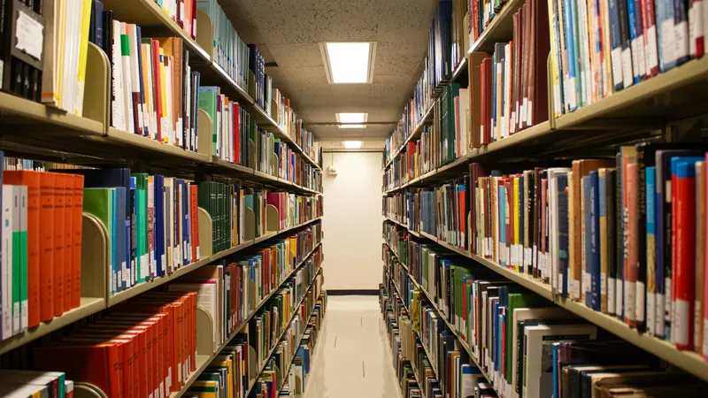 Colourful library books lining tall shelves beside a narrow aisle