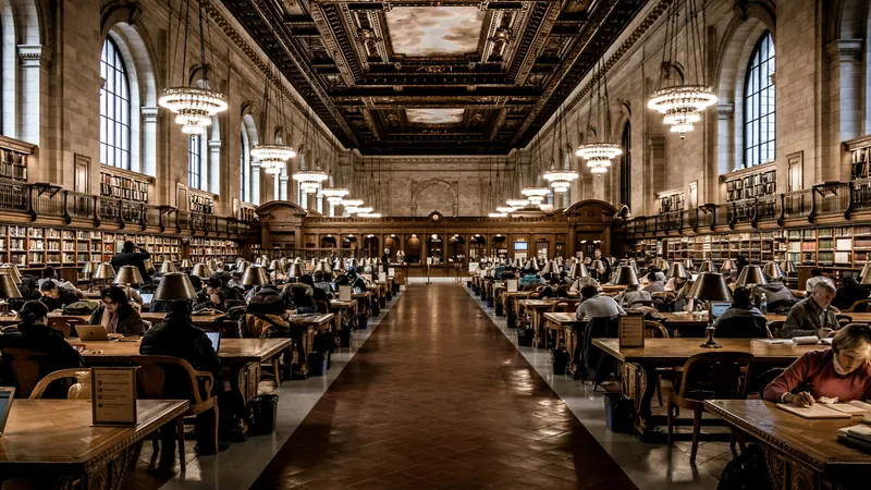 Long library reading tables beneath ornate ceilings and hanging lamps