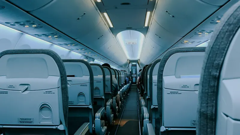 Rows of airplane seats beneath overhead luggage compartments and ceiling lights