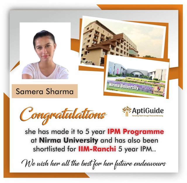 Smera Sharma — 5-year IPM at Nirma University; also shortlisted for IIM Ranchi's 5-year IPM
