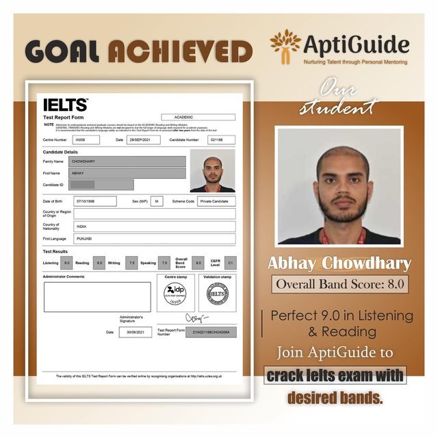 Abhay Chowdhary — Overall band 8.0 in IELTS (Listening & Reading 9.0)