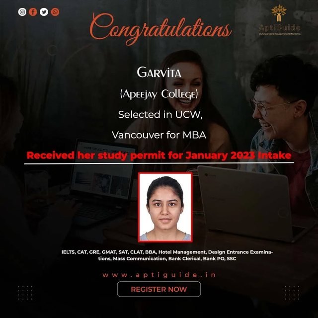 Garvita — Selected for an MBA at University Canada West (UCW); study permit approved for Jan intake