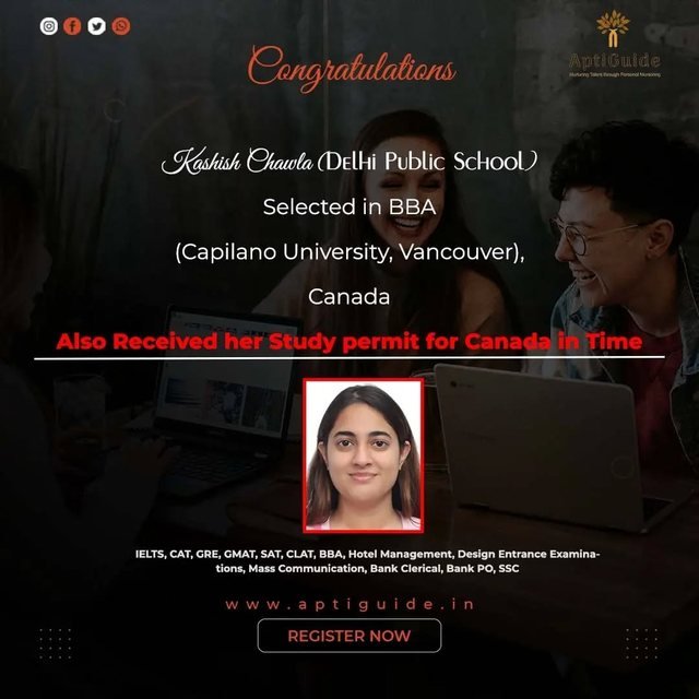 Kashish Chawla — Selected in BBA at Capilano University, Vancouver, Canada; received Canada study permit