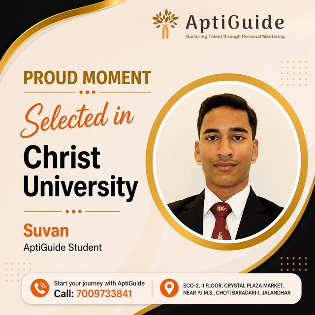 Suvan — Selected at Christ University, Bangalore